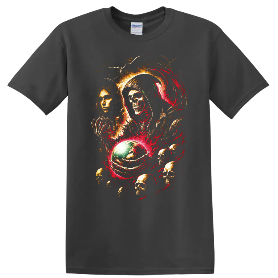 Gothic reaper skull and raven horror art with red and gold details on a Charcoal T Shirt
