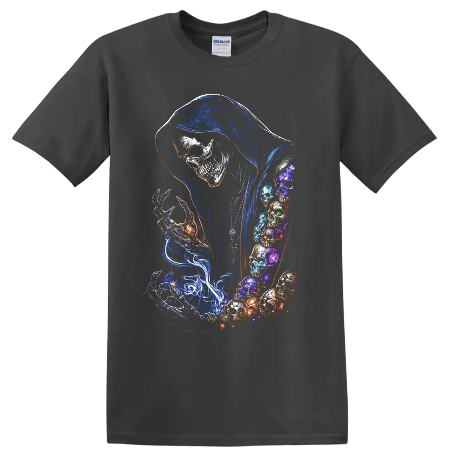 Hooded skull reaper graphic with neon blue hood and swirling colorful skull art on a Charcoal T Shirt