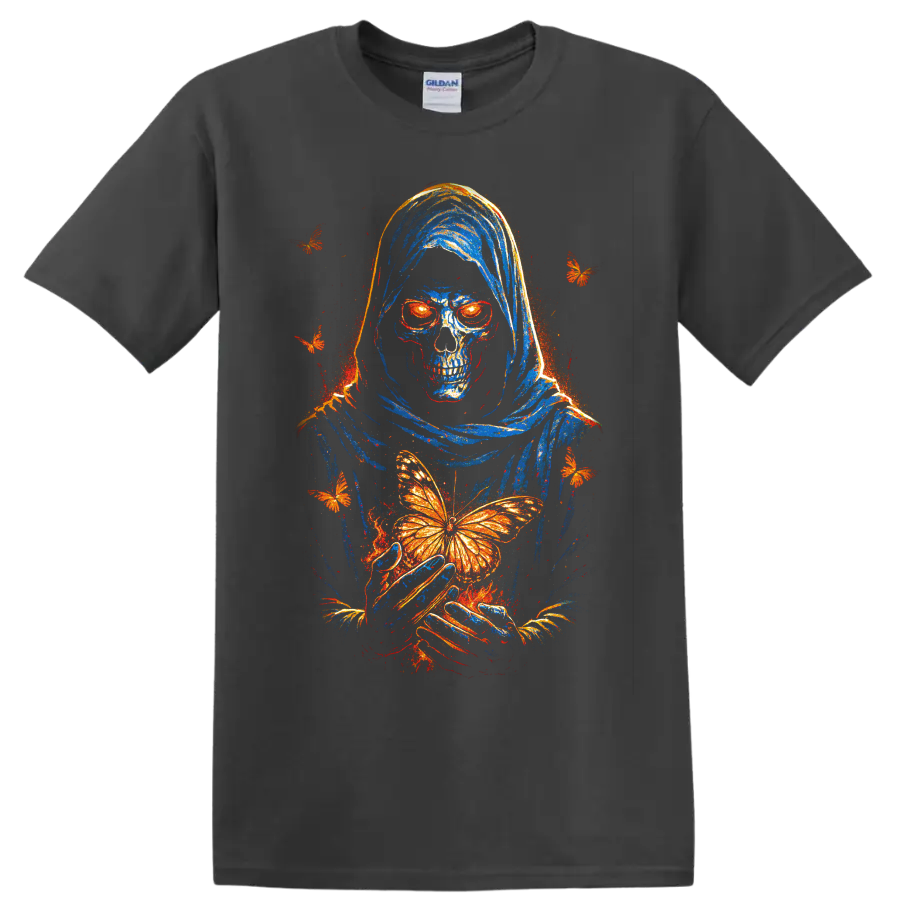 Hooded skeleton skull holding an orange butterfly, gothic distressed art on a Charcoal T Shirt