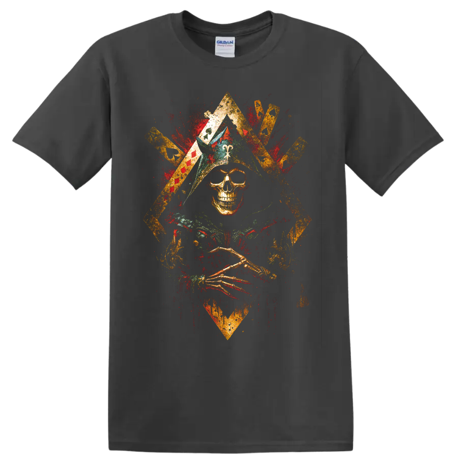 Distressed gothic skull graphic with crossed golden elements and red accents on a Charcoal T Shirt
