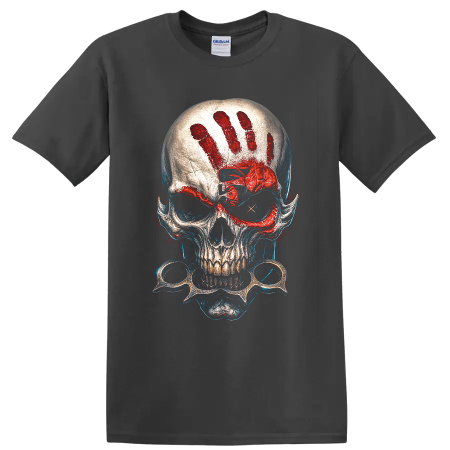 Gothic skull graphic with red handprint, spectacles, and blue splatter on a Charcoal T Shirt