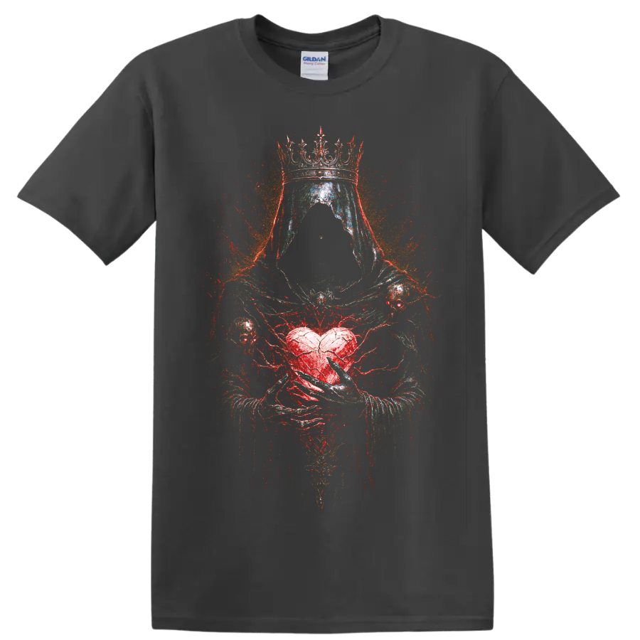 Crowned hooded skull with red heart gothic horror graphic on a Charcoal T Shirt