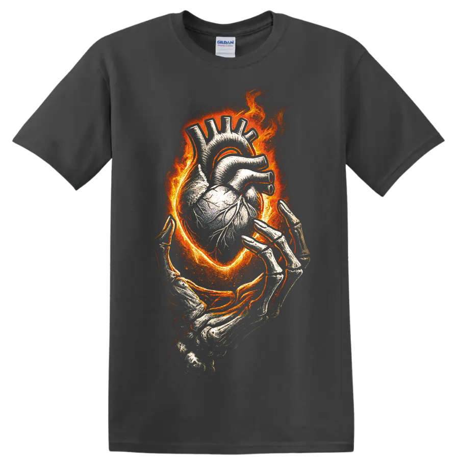 Flaming anatomical heart held by skeletal hands with gothic horror artwork on a Charcoal T Shirt