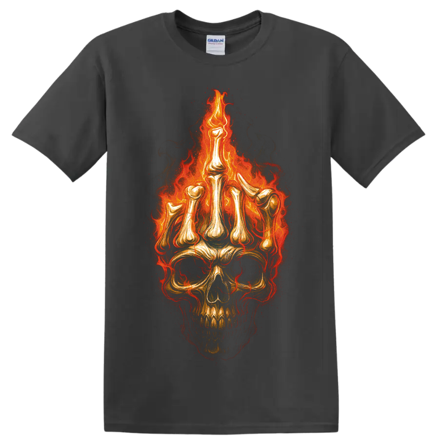 Flaming skull graphic with glowing gothic fire and distressed dark art on a Charcoal T Shirt