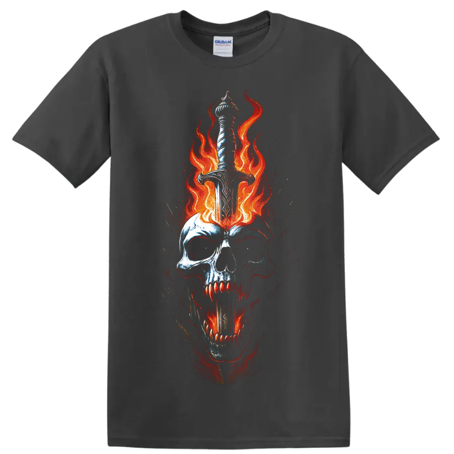 Fiery skull pierced by a dagger with red-orange flames, gothic horror art on a Charcoal T Shirt
