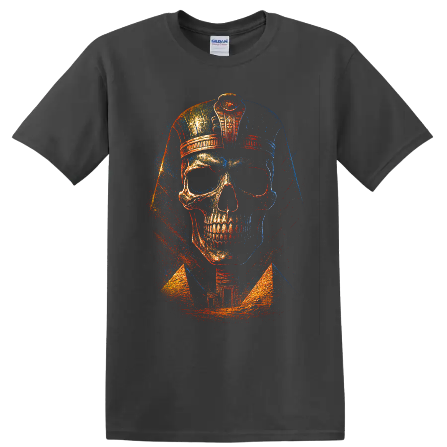 Distressed skull police officer cap graphic with red, blue, and gold artwork on a Charcoal T Shirt