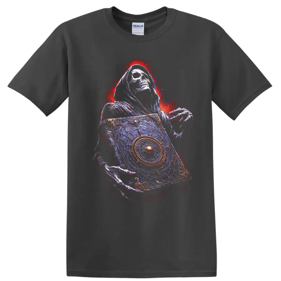 Hooded skull holding an ornate occult card in distressed gothic art style on a Charcoal T Shirt