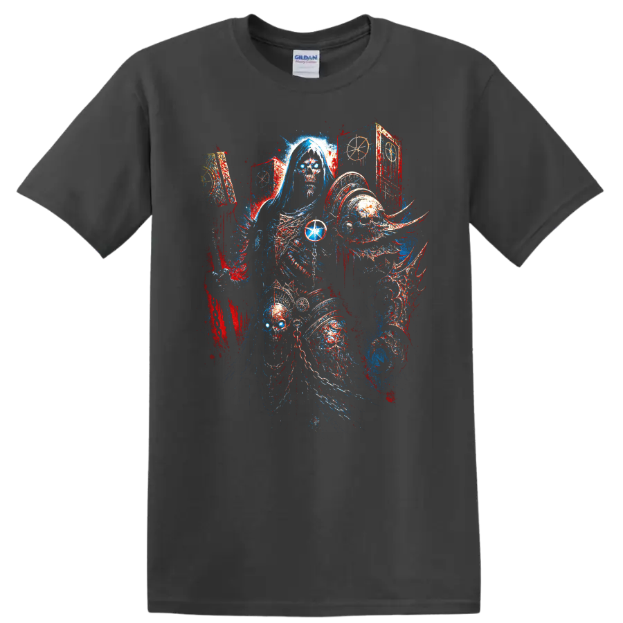 Hooded skull reaper gothic fantasy horror graphic print on a Charcoal T Shirt