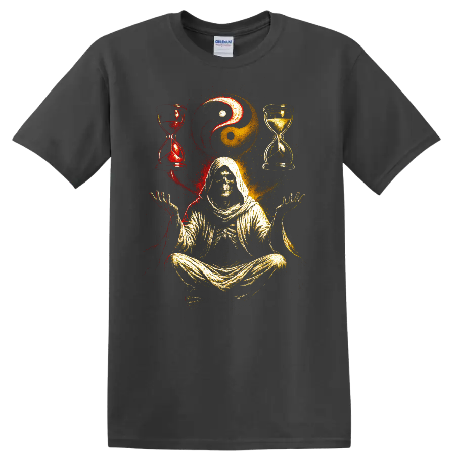 Hooded skull reaper meditating with yin yang and red-gold hourglasses on a Charcoal T Shirt