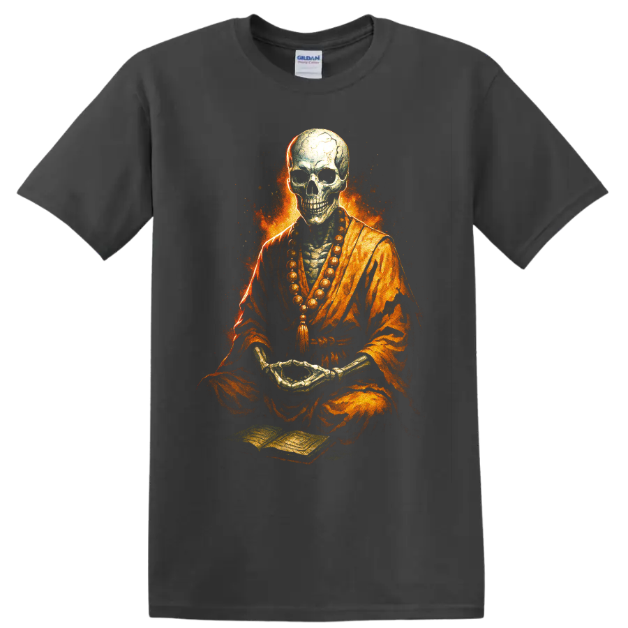 Fiery meditating skull skeleton in orange robes with prayer beads on a Charcoal T Shirt