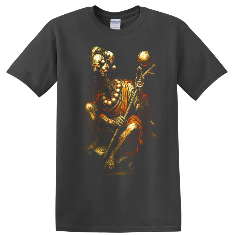 Golden skeleton skull with floating orb, surreal gothic graphic art on a Charcoal T Shirt