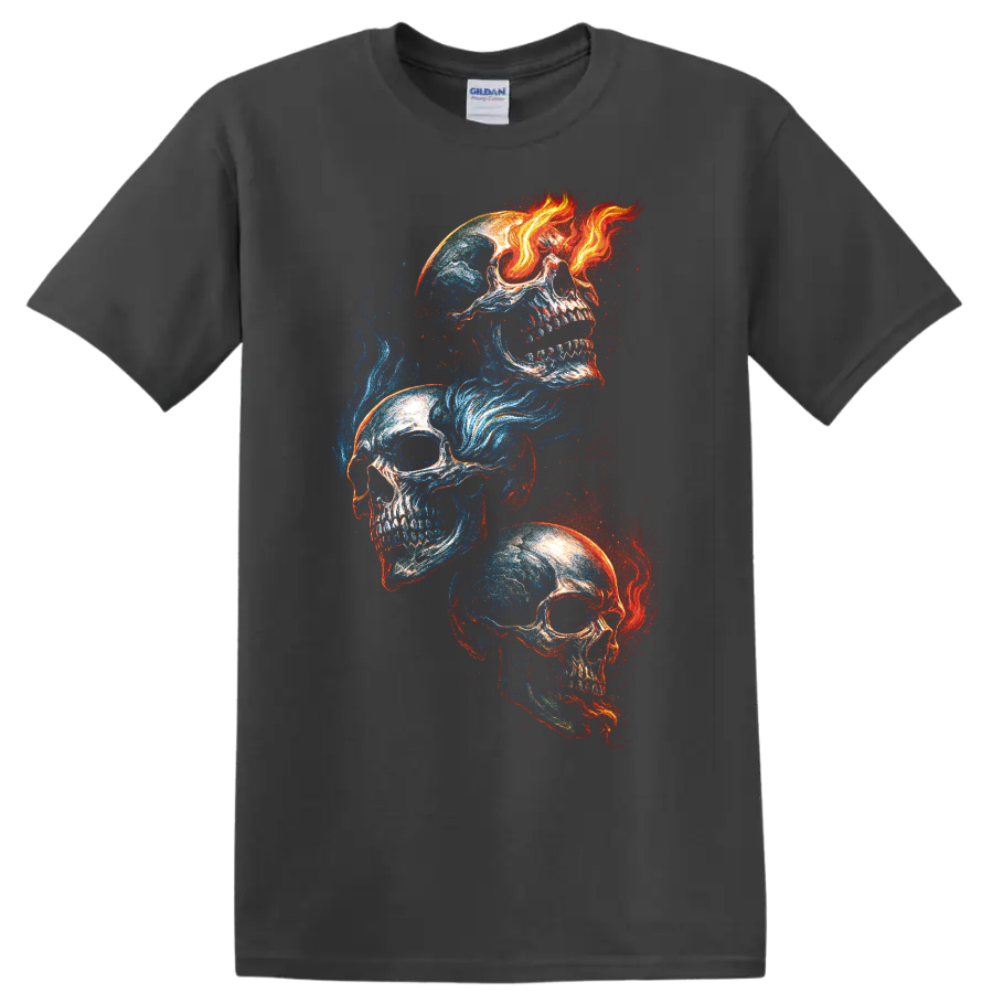 Three skulls in blue and red fire-and-ice gothic graphic art on a Charcoal T Shirt