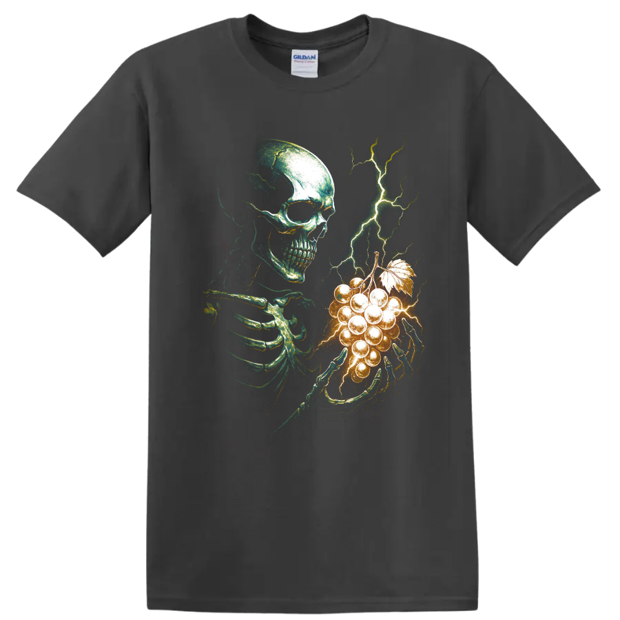 Gothic skeleton holding glowing grapes with branching lightning on a Charcoal T Shirt