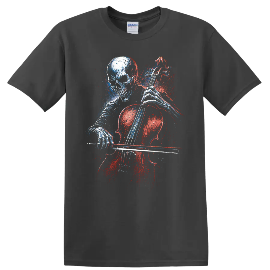 Gothic skull playing cello in distressed red and blue graphic art on a Charcoal T Shirt