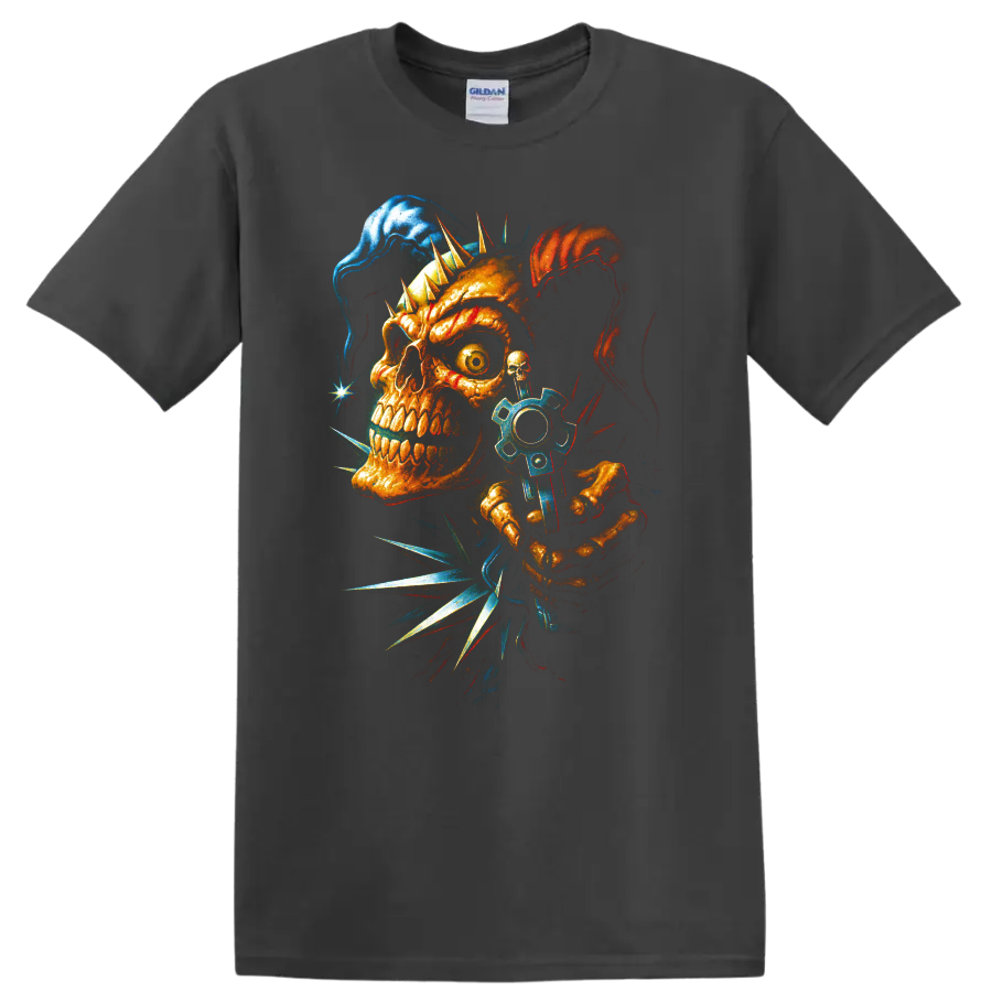 Punk skull with spikes and blue gear gothic horror graphic art on a Charcoal T Shirt