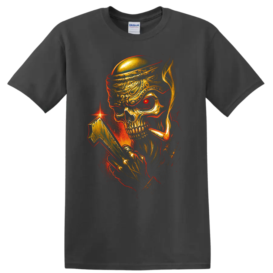 Pirate skull with ornate hat and golden cutlass gothic graphic on a Charcoal T Shirt