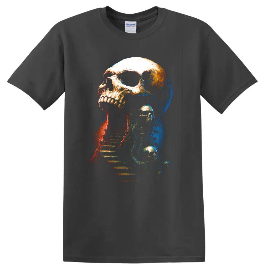 Gothic skull and skeleton staircase horror graphic art on a Charcoal T Shirt