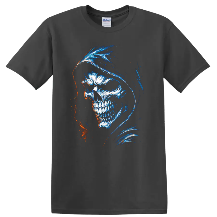 Hooded skull gothic horror graphic art with blue, white, and orange accents on a Charcoal T Shirt