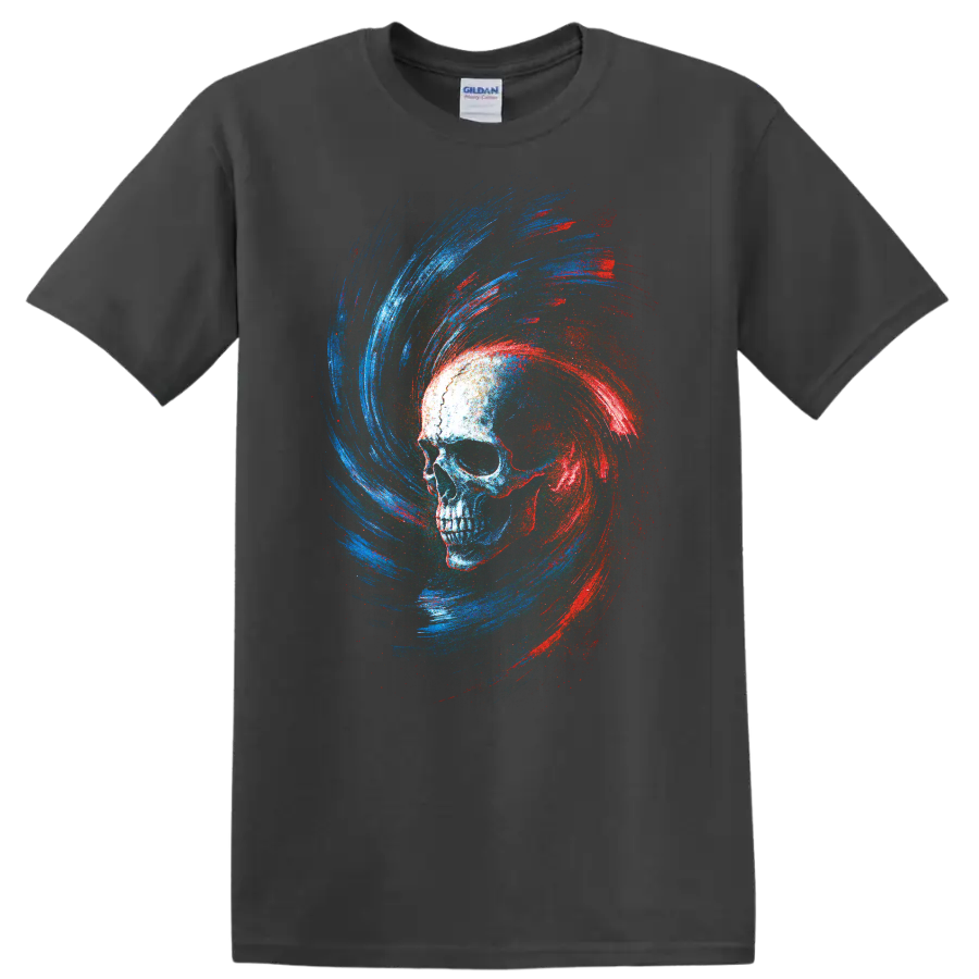 Gothic skull graphic with red and blue swirling brushstrokes on a Charcoal T Shirt