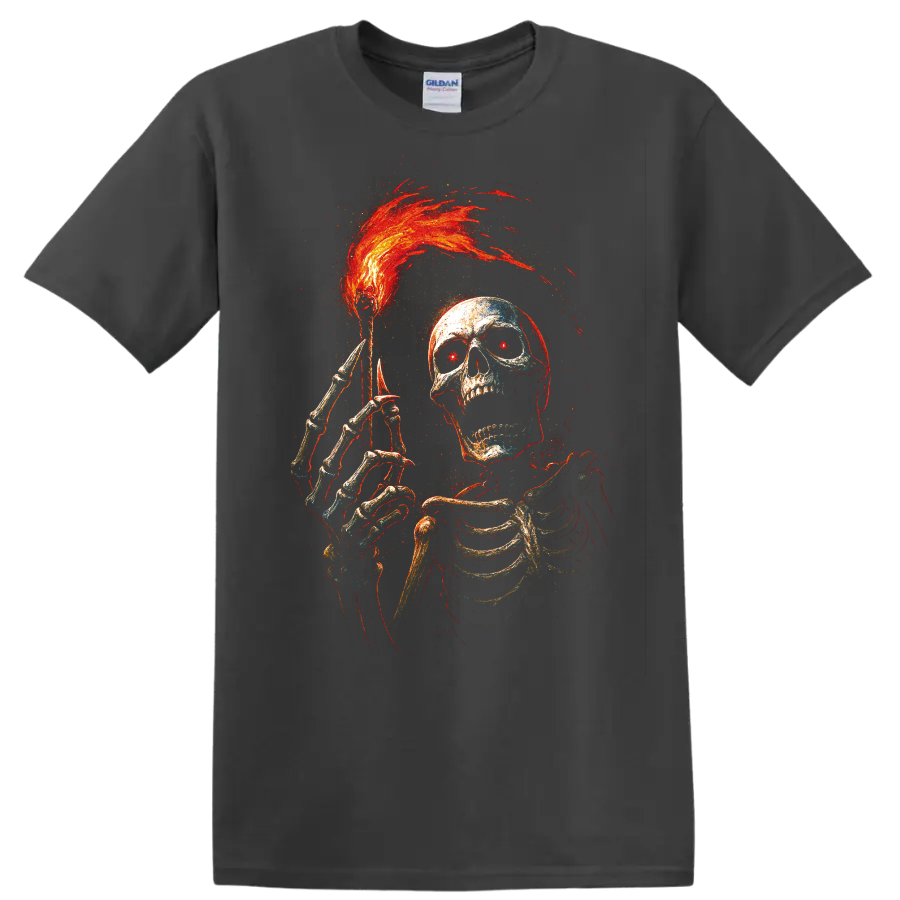 Flaming skull and skeleton gothic horror graphic with red and orange flames on a Charcoal T Shirt