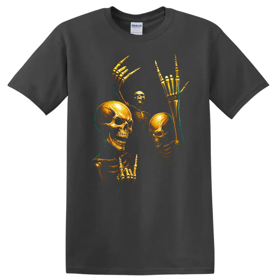 Gold skull skeleton gothic horror graphic with raised bony hands on a Charcoal T Shirt