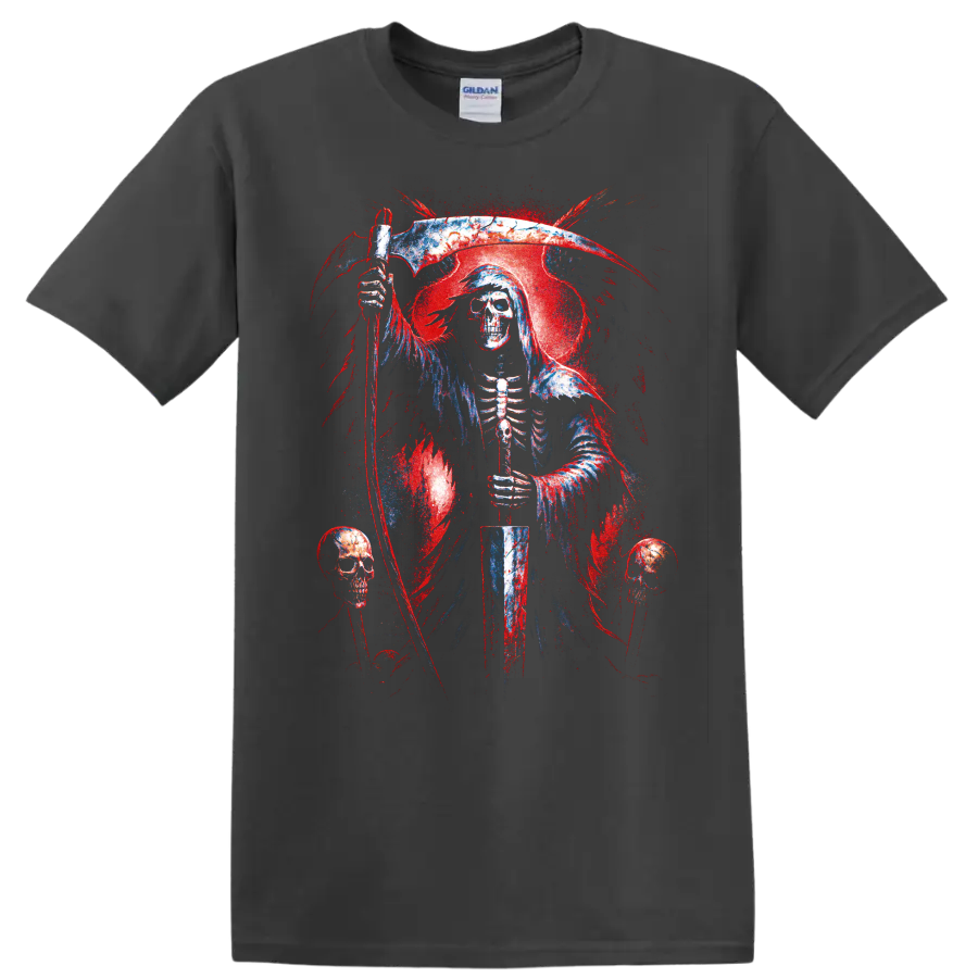 Grim reaper skull holding a scythe in distressed gothic horror art on a Charcoal T Shirt
