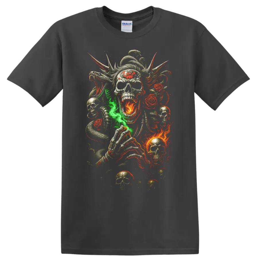 Gothic skull with snakes, roses, flames, and skeletal hand graphic on a Charcoal T Shirt