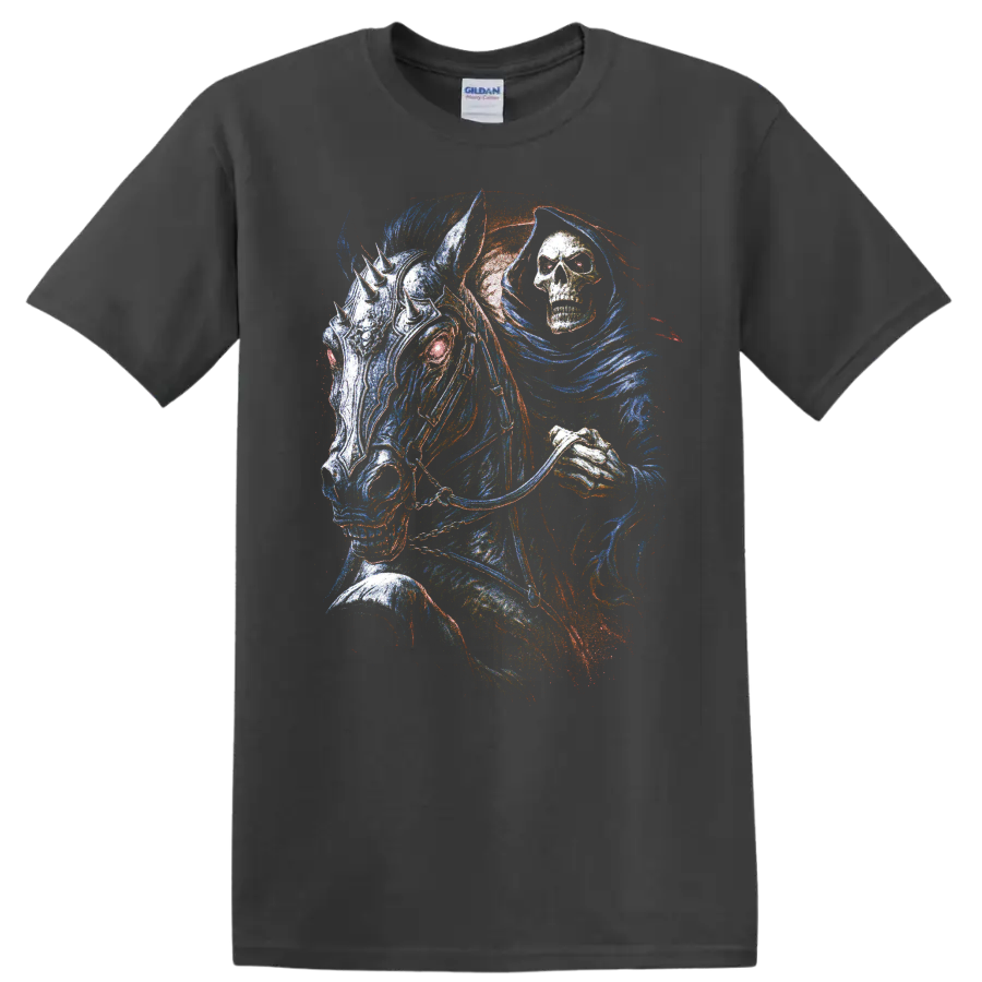 Colorful gothic skull horse and grim reaper fantasy illustration on a Charcoal T Shirt