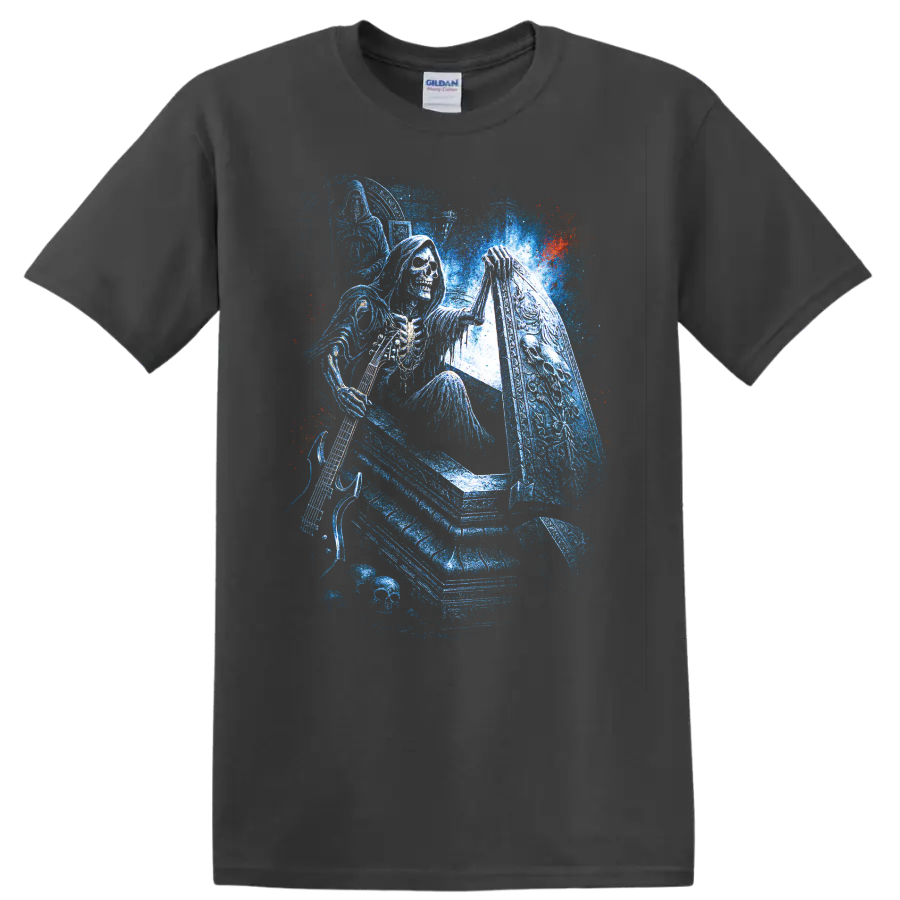 Hooded skull grim reaper beside a coffin in distressed blue gothic art on a Charcoal T Shirt