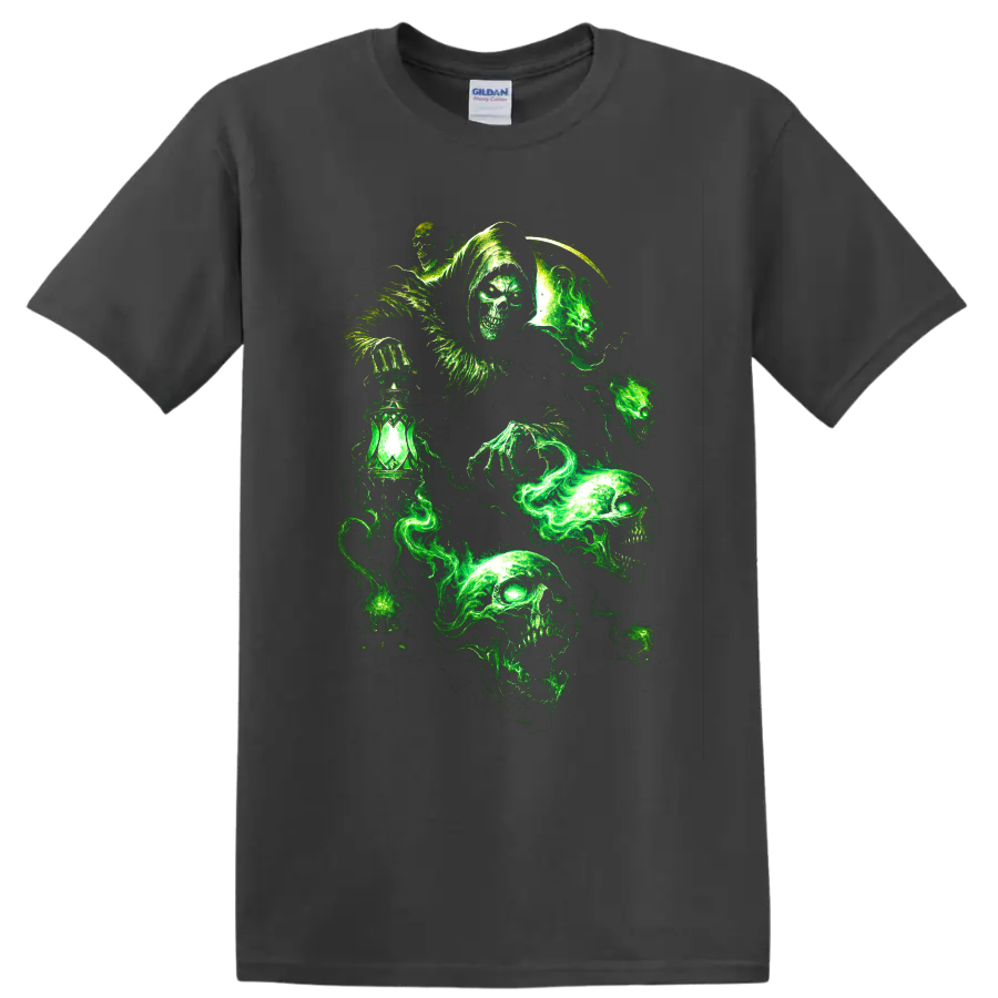 Glowing green gothic skulls with a hooded figure and lantern on a Charcoal T Shirt