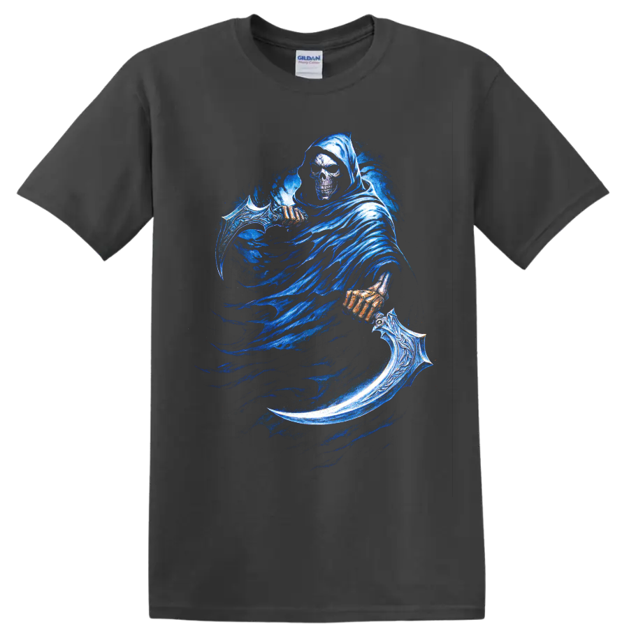 Hooded Grim Reaper skull with ornate blue scythe gothic graphic on a Charcoal T Shirt