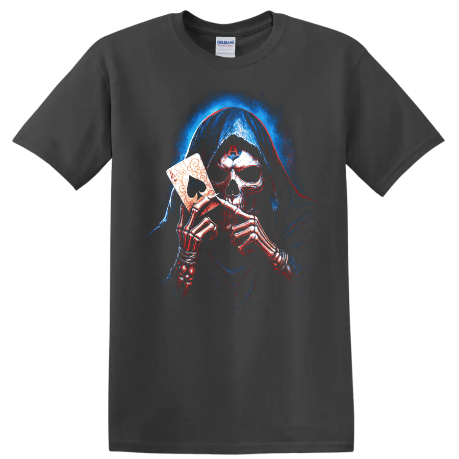 Hooded skeleton holding an ornate death mask, gothic horror graphic on a Charcoal T Shirt