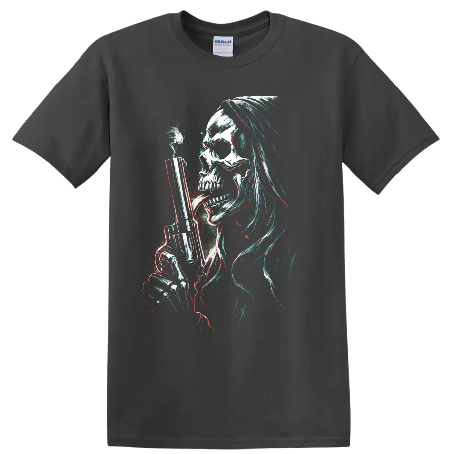 Long-haired skull holding a handgun in distressed glitch gothic art on a Charcoal T Shirt