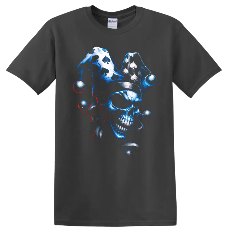 Blue skull jester with playing-card symbols and gothic swirling accents on a Charcoal T Shirt