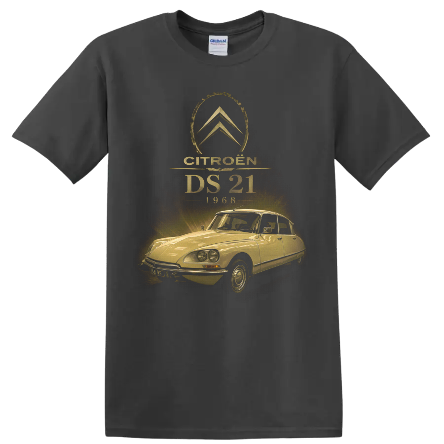 Citroën DS 21 1968 vintage distressed classic car graphic on a Charcoal T Shirt