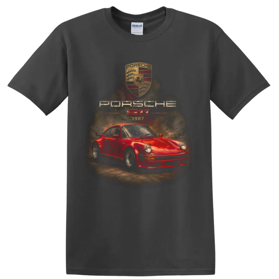 Vintage red Porsche 911 1987 sports car graphic with crest and lettering on a Charcoal T Shirt