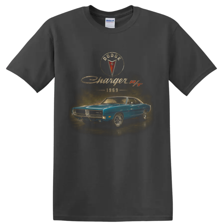 1969 Dodge Charger RT vintage blue muscle car graphic with retro lettering on a Charcoal T Shirt
