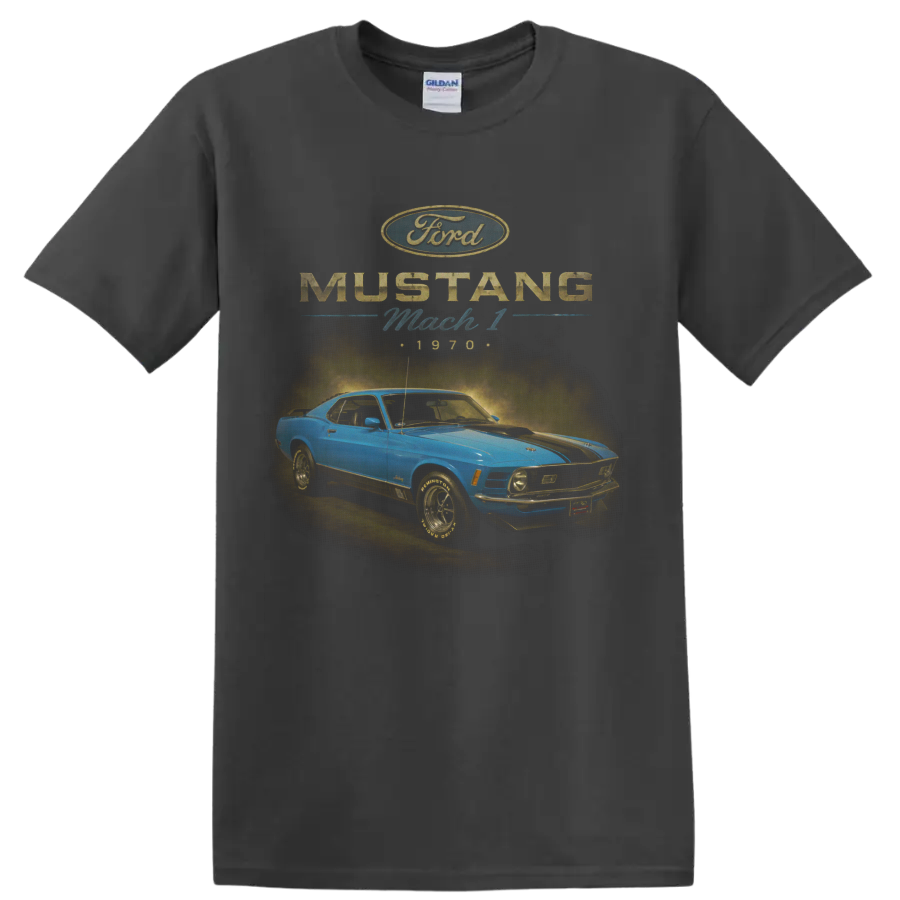 1970 Ford Mustang Mach 1 blue classic car graphic with retro lettering on a Charcoal T Shirt