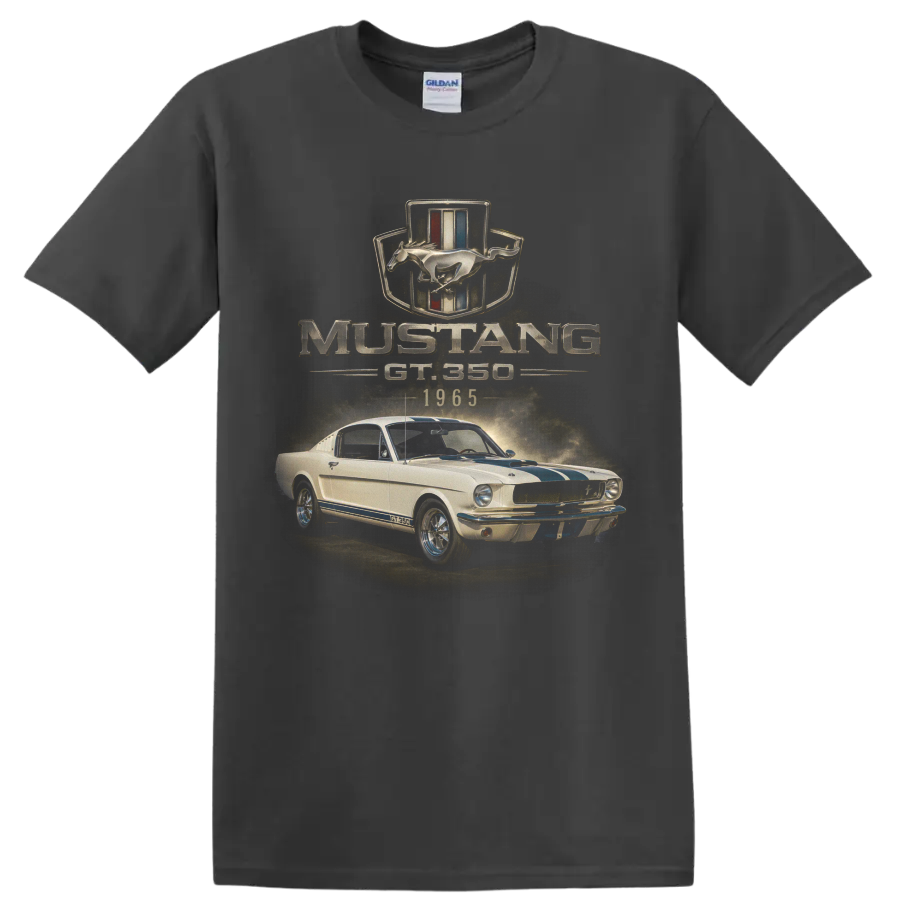 1965 Ford Mustang GT350 vintage fastback car graphic with blue stripes on a Charcoal T Shirt
