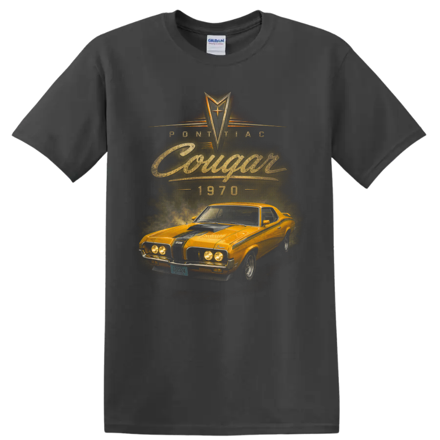 1970 Mercury Cougar vintage orange muscle car graphic with Cougar text on a Charcoal T Shirt