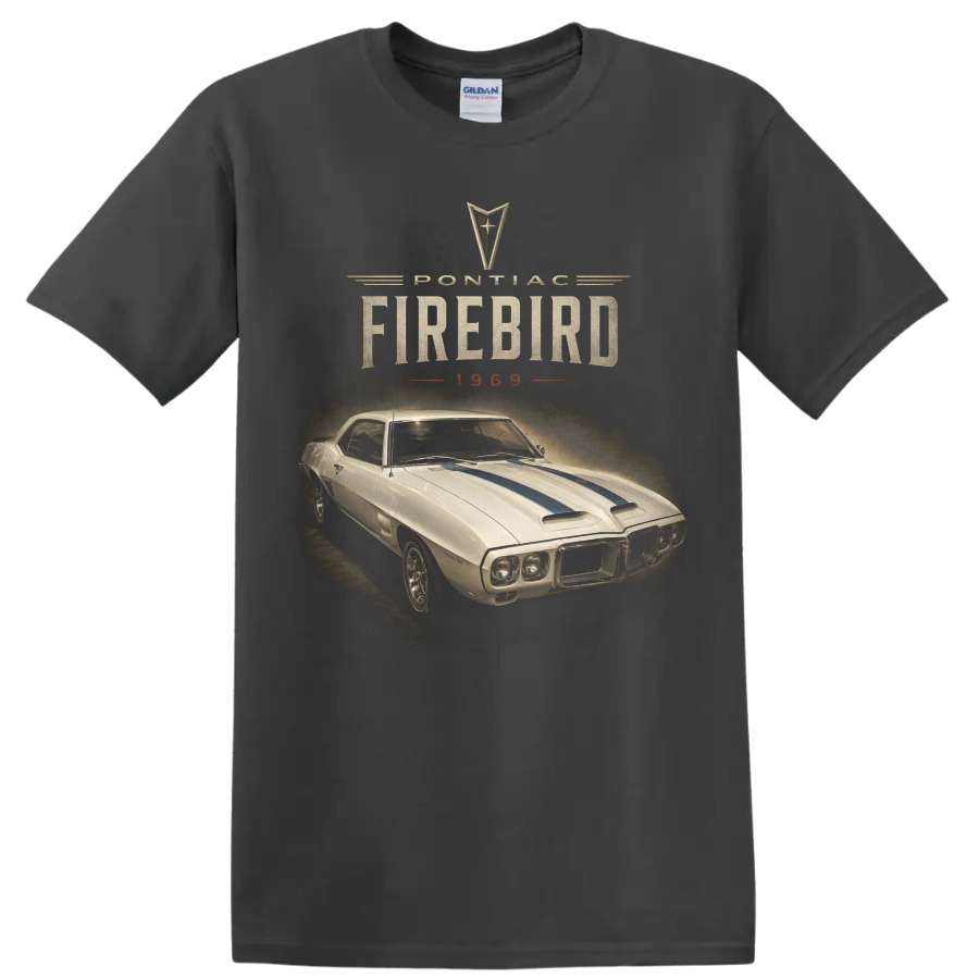 1969 Pontiac Firebird vintage muscle car graphic with blue hood stripes on a Charcoal T Shirt