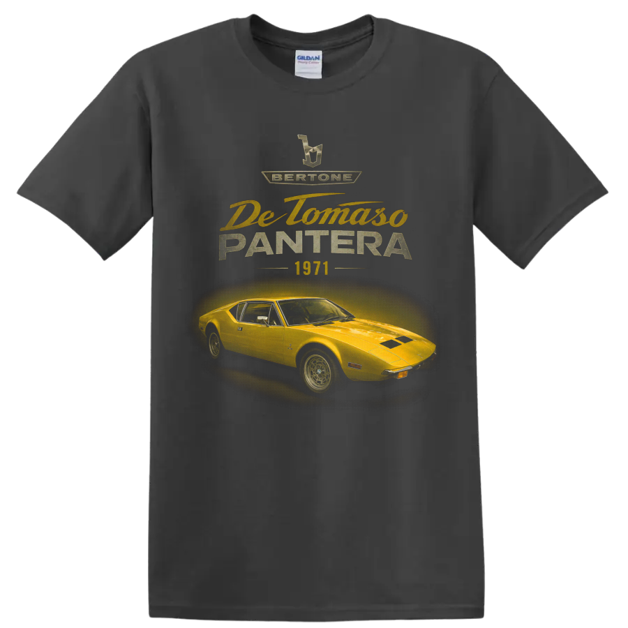 Vintage De Tomaso Pantera 1971 yellow sports car graphic with retro lettering on a Charcoal T Shirt