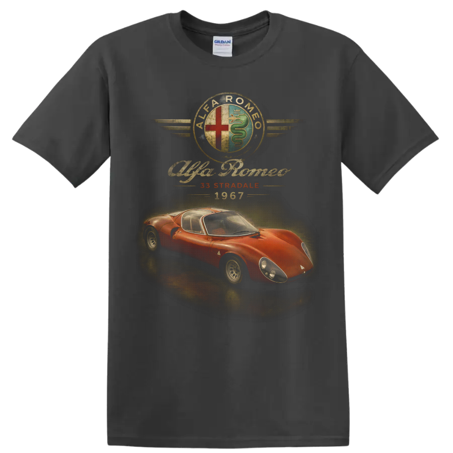 Alfa Romeo 33 Stradale 1967 vintage red sports car graphic on a Charcoal T Shirt
