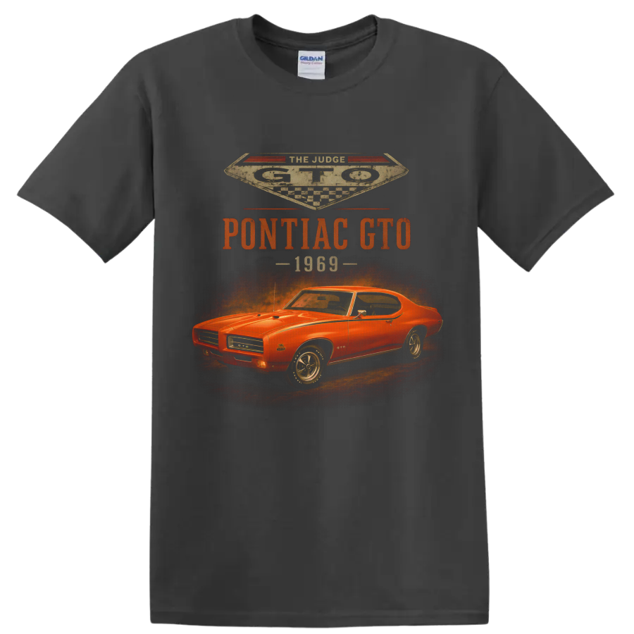 1969 Pontiac GTO vintage muscle car graphic with retro racing text on a Charcoal T Shirt