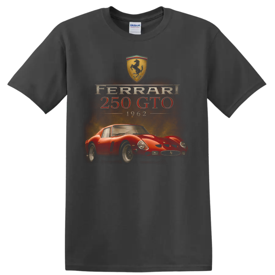 Ferrari 250 GTO 1962 vintage racing car graphic with visible text on a Charcoal T Shirt