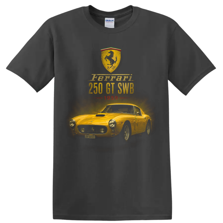 Ferrari 250 GT SWB 1959 vintage classic car graphic with shield crest on a Charcoal T Shirt