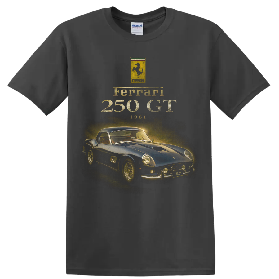 Vintage Ferrari 250 GT 1961 blue classic sports coupe graphic on a Charcoal T Shirt