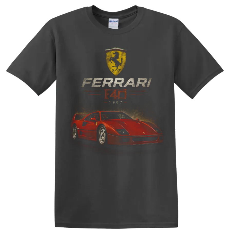 Vintage Ferrari F40 1987 red sports car graphic with Ferrari shield on a Charcoal T Shirt