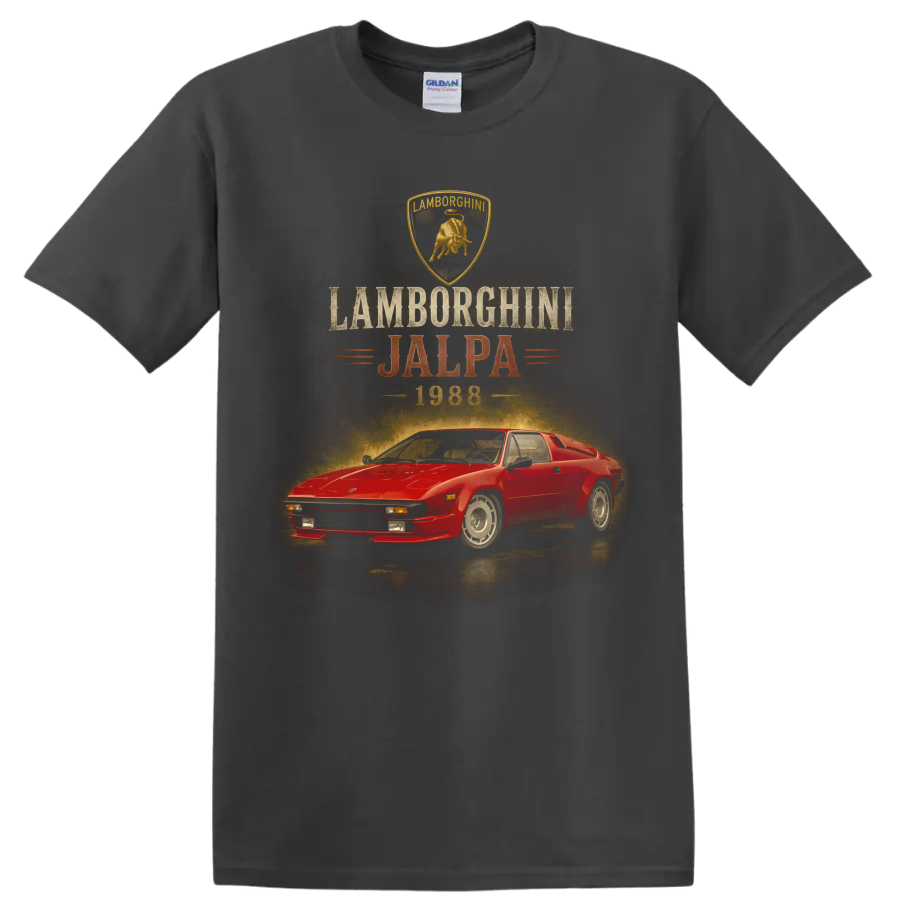 Vintage red 1988 Lamborghini Jalpa graphic with retro text and crest on a Charcoal T Shirt