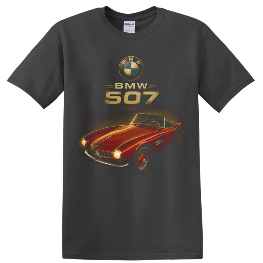 Vintage BMW 507 1956 red convertible roadster graphic print on a Charcoal T Shirt